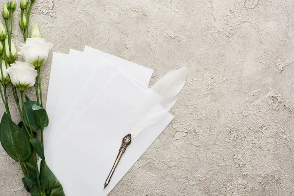 Вид Перо Пустой Пригласительный Билет Рядом Белыми Розами Текстурированной Поверхности — стоковое фото