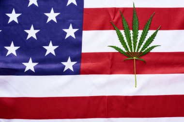 top view of green cannabis leaf on american flag background clipart