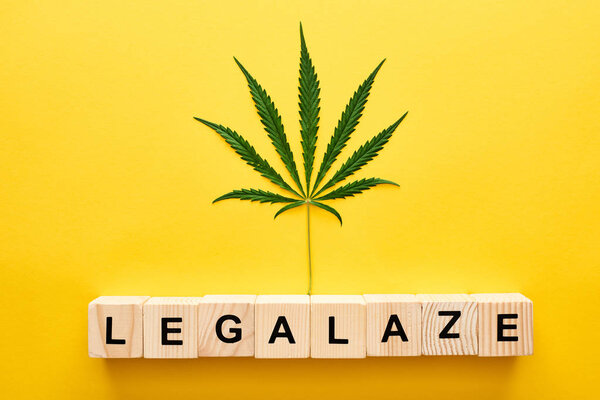 top view of cannabis leaf and legalize word on wooden blocks on yellow background