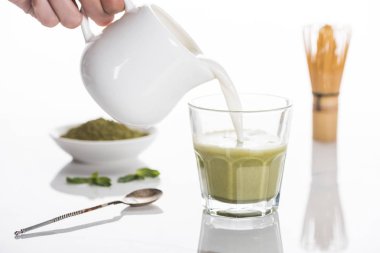 cropped view of woman pouring milk into matcha matcha tea on table with whisk and powder  clipart