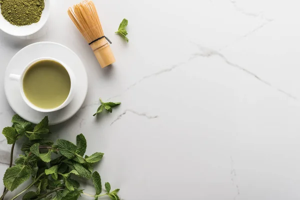 Top View Green Matcha Tea Mint Whisk White Table — Stock Photo, Image