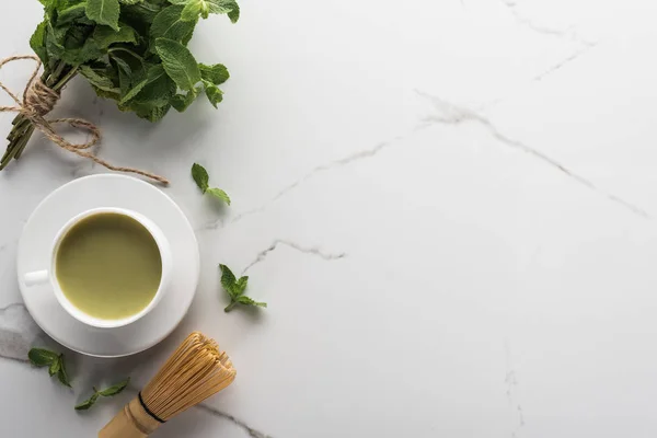 Top View Traditional Matcha Tea Mint White Table — Stock Photo, Image