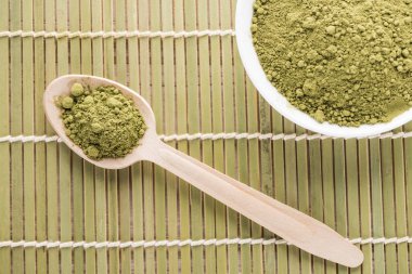 bambu mat üzerinde yeşil matcha çay tozu ile kase ve ahşap kaşık üst görünümü
