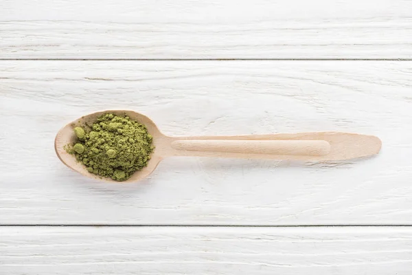 Top View Wooden Spoon Powder Green Matcha Tea — Stock Photo, Image