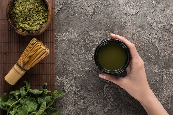 Top View Woman Holding Matcha Matcha Tea Table Whisk Powder — Stock Photo, Image