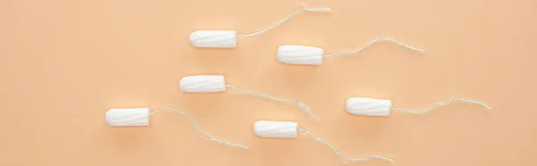 Top View White Cotton Tampons Isolated Beige Panoramic Shot — Stock Photo, Image