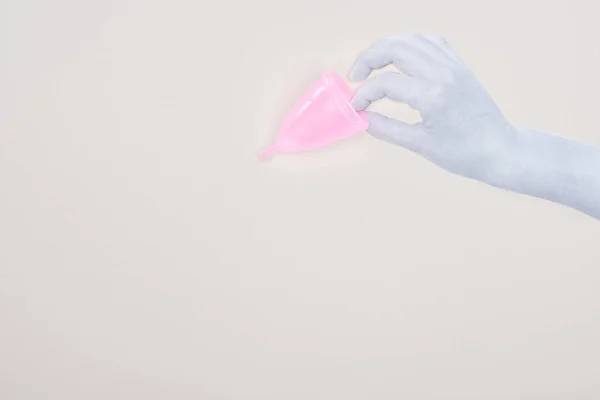 Top View White Paper Hand Holding Pink Plastic Menstrual Cup — Stock Photo, Image