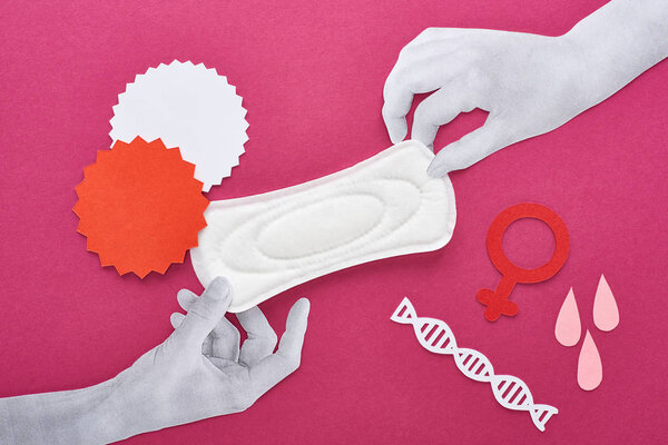 paper cut white hands with white sanitary napkin near blood drops, empty cards and female signs on purple background