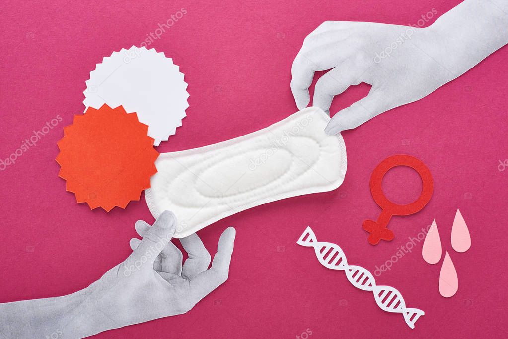 paper cut white hands with white sanitary napkin near blood drops, empty cards and female signs on purple background