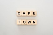 top view of wooden blocks with Cape Town lettering on white background