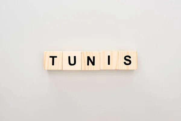 Bovenaanzicht Van Houten Blokken Met Tunis Belettering Witte Achtergrond — Stockfoto