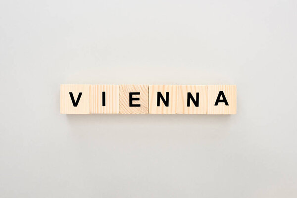 top view of wooden blocks with Vienna lettering on white background