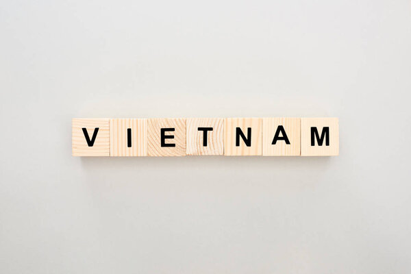 top view of wooden blocks with Vietnam lettering on white background