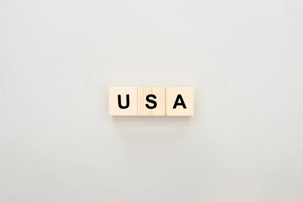 Top View Wooden Blocks Usa Lettering White Background — Stock Photo, Image