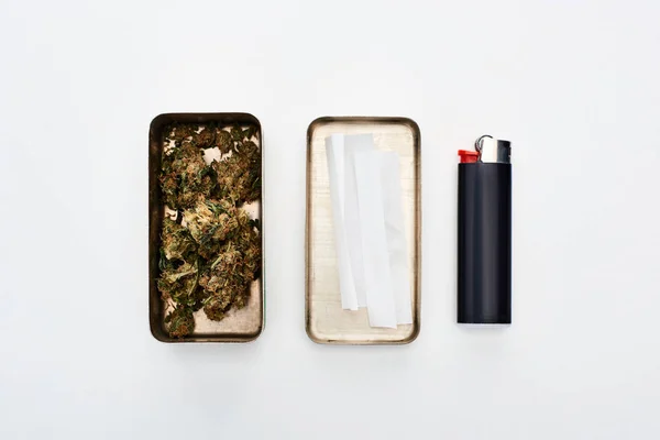 Flat Lay Metal Box Marijuana Buds Rolling Paper Lighter — Stock Photo, Image