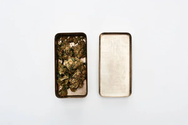 Flat Lay Marijuana Buds Metal Container White Background — Stock Photo, Image