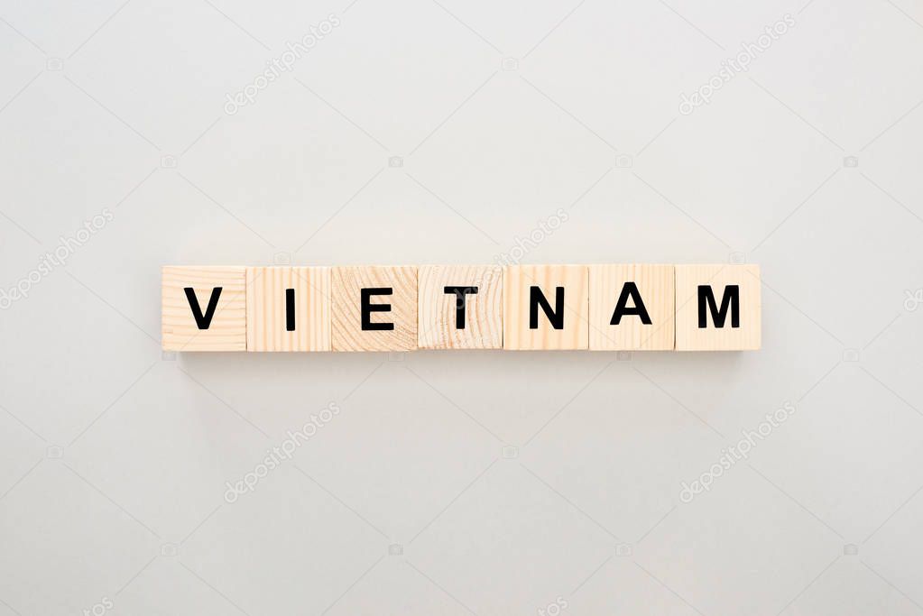 top view of wooden blocks with Vietnam lettering on white background
