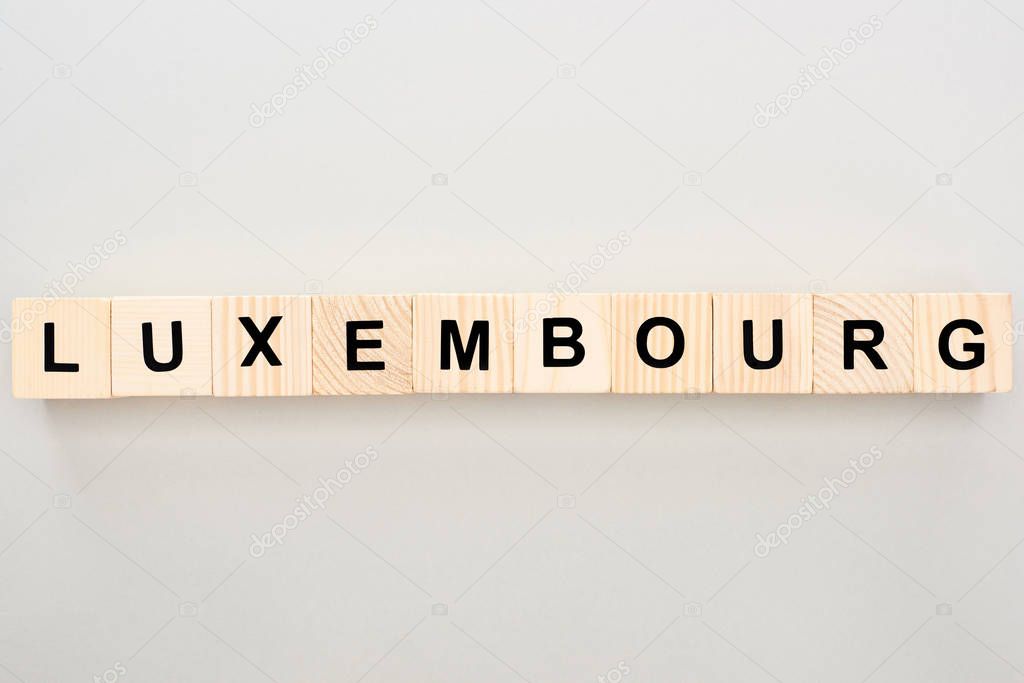 top view of wooden blocks with Luxembourg lettering on white background