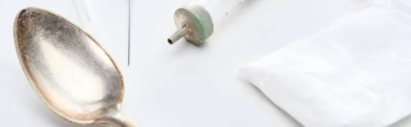 Silver Spoon Syringe Needle Heroin White Background Panoramic Shot — Stock Photo, Image