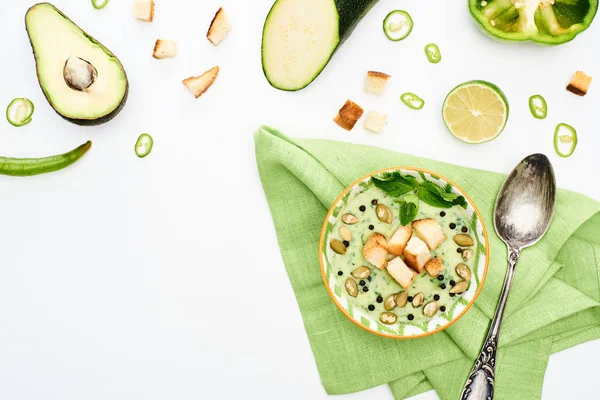 Top View Delicious Creamy Soup Napkin Green Vegetables Isolated White — Stock Photo, Image