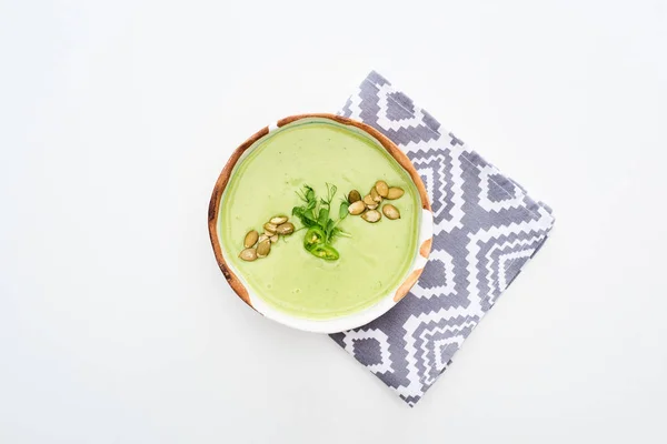 Top View Delicious Creamy Green Vegetable Soup Sprouts Pumpkin Seeds — Stock Photo, Image