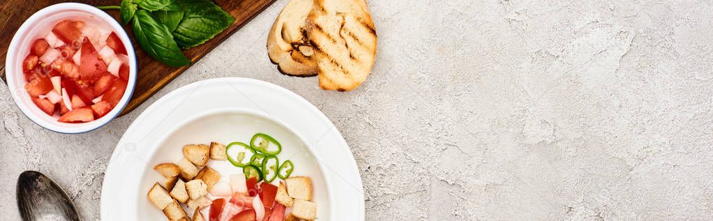 top view of fresh ingredients in plate and on wooden cutting board, panoramic shot