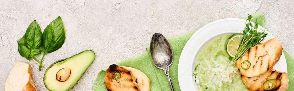 Panoramic shot of delicious creamy green vegetable soup with croutons served with spoon on napkin near fresh ingredients — Stock Image Panoramic Shot Delicious Creamy Green Vegetable Soup Croutons Served Spoon Stock Photo