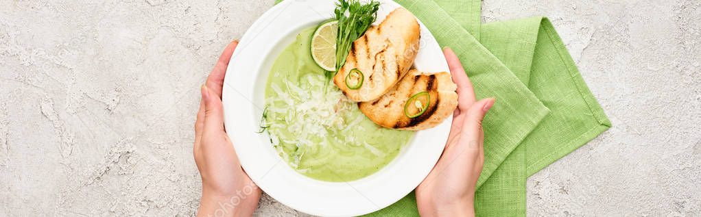 Cropped view of woman holding plate with delicious creamy green vegetable soup with croutons near green napkin, panoramic shot — Stock Image Cropped View Woman Holding Plate Delicious Creamy Green Vegetable Soup Royalty Free Stock Photos