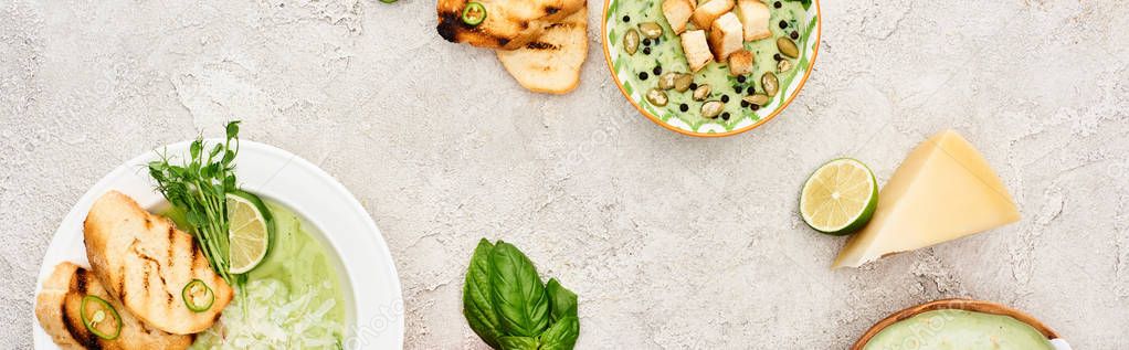Panoramic shot of delicious creamy green vegetable soup served with greenery and croutons — Stock Image Panoramic Shot Delicious Creamy Green Vegetable Soup Served Greenery Croutons Stock Picture