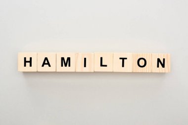 gri arka plan üzerinde Hamilton yazı ile ahşap blokların üst görünümü