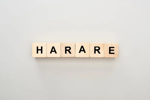 Top View Wooden Blocks Harare Lettering Grey Background — Stock Photo, Image