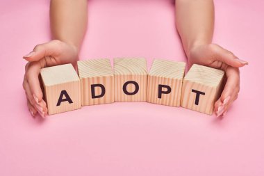 pembe arka plan üzerinde yazı benimseyen ahşap küpler tutan kadın kısmi görünümü