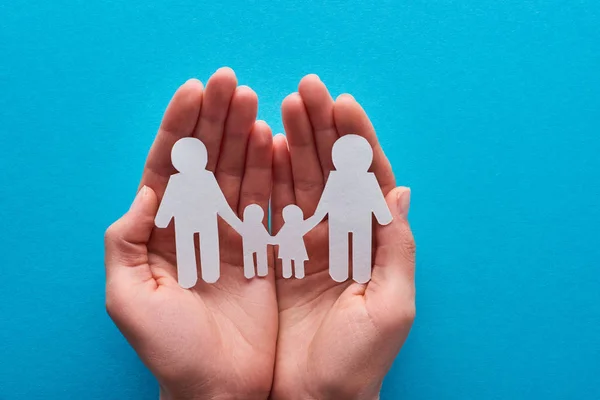 Cropped View Woman Holding Paper Cut Gay Family Blue Background — Stock Photo, Image
