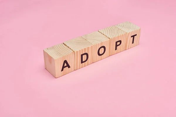 Wooden Cubes Adopt Lettering Pink Background — Stock Photo, Image