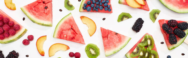 panoramic shot of delicious watermelon with seasonal berries and fruits on white background