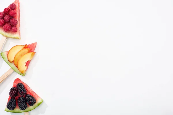 Top View Delicious Watermelon Sticks Seasonal Berries Peach White Background — Stock Photo, Image
