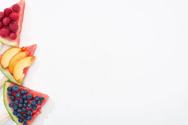 Top View Delicious Watermelon Sticks Seasonal Berries Nectarine White Background — Stock Photo, Image