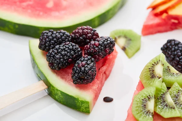 Close View Delicious Dessert Watermelon Sticks Kiwi Blackberries White Background — Stock Photo, Image
