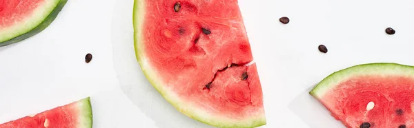 Panoramic Shot Fresh Watermelon Slices Seeds White Background — Stock Photo, Image