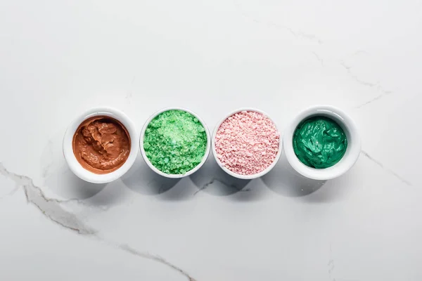 Top View Color Bath Salts Clay Mask Marble Surface — Stock Photo, Image