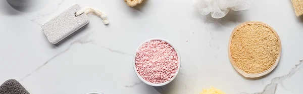 Panoramic Shot Pink Bath Salts Face Sponge Pumice Stone Marble — Stock Photo, Image