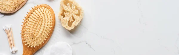 Panoramic Shot Cotton Swabs Hair Brush Loofah Marble Surface — Stock Photo, Image