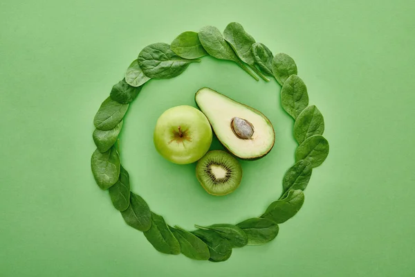Top View Fresh Green Apple Avocado Kiwi Greenery — Stock Photo, Image