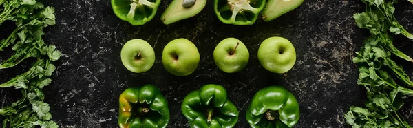 Panoramic Shot Fresh Apples Peppers Avocados Greenery — Stock Photo, Image