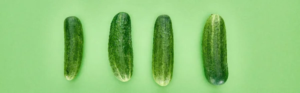 Panoramaaufnahme Von Ganzen Und Reifen Gurken Auf Grünem Hintergrund — Stockfoto