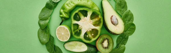 Panoramic Shot Peppers Cucumber Kiwi Lime Greenery Avocado — Stock Photo, Image