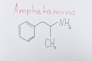 top view of white board with chemical formula and lettering amphetamine clipart