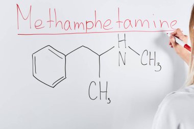 cropped view of woman writing methamphetamine on white board  clipart