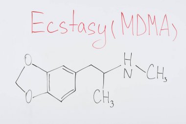 top view of white board with chemical formula and lettering ecstasy (mdma) clipart