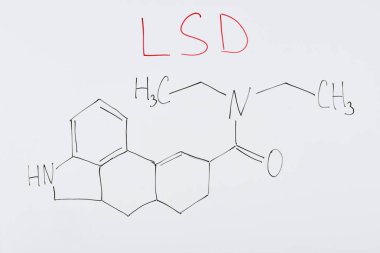 top view of white board with chemical formula and lettering lsd  clipart